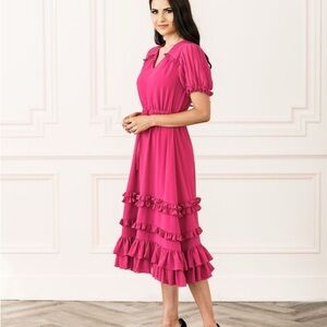 Rachel Parcell Berry Ruffle Midi Tiered Tie Waist Dress XS